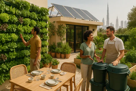 Three people in an urban rooftop garden featuring a vertical farm wall, solar panels, and a clear view of the Dubai skyline.