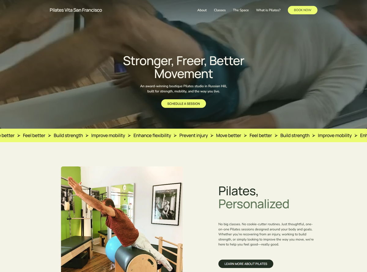 Screenshot of Pilates Vita San Francisco, from the pilates websites collection.