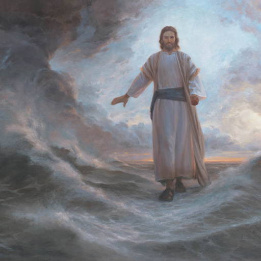 Painting of Jesus clearing away clouds with His hand.