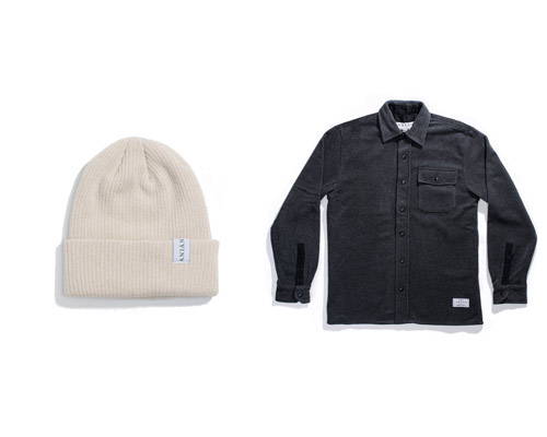 Cream cashmere beanie hat with small Anian labelling and black charcoal fleece shirt both from sustainable fashion brand Anian
