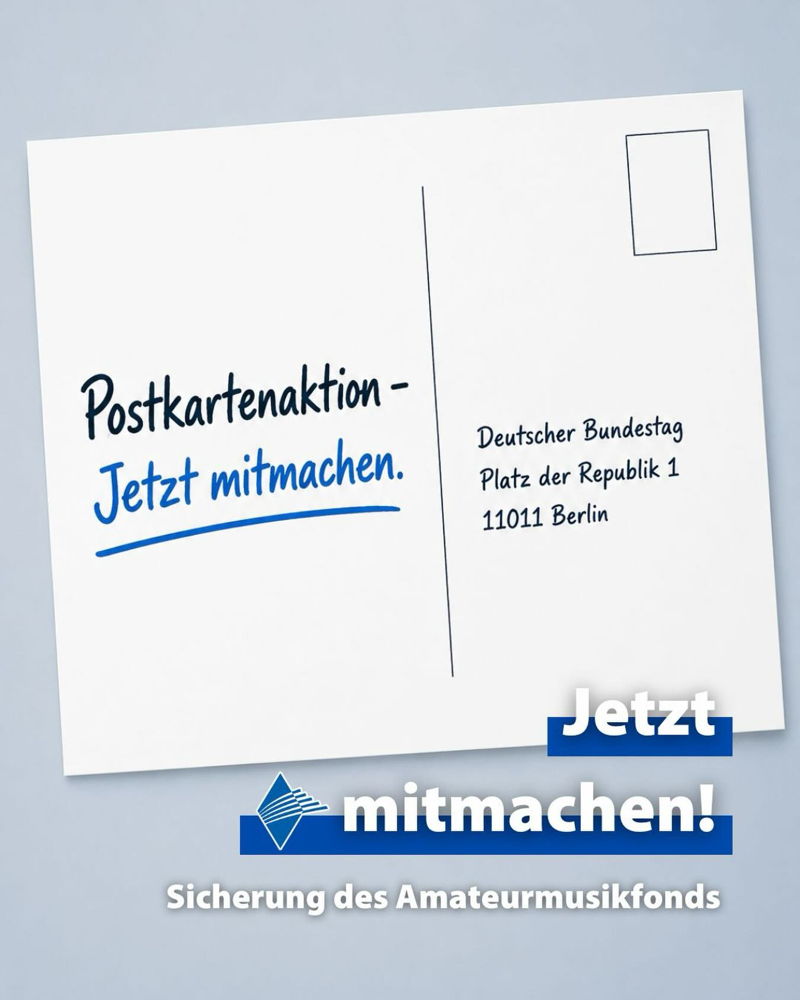 ‼️ Postkarten-Aktion zur Sicherung des Amateurmusikfonds ‼️  Im Regierungsentwurf für den Bundeshaushalt 2027 ist eine deutliche Kürzung für den Amateurmusikfonds um rund 35 Prozent vorgesehen. 🤯 

Mit einer bundesweiten Postkartenaktion setzt der Bu