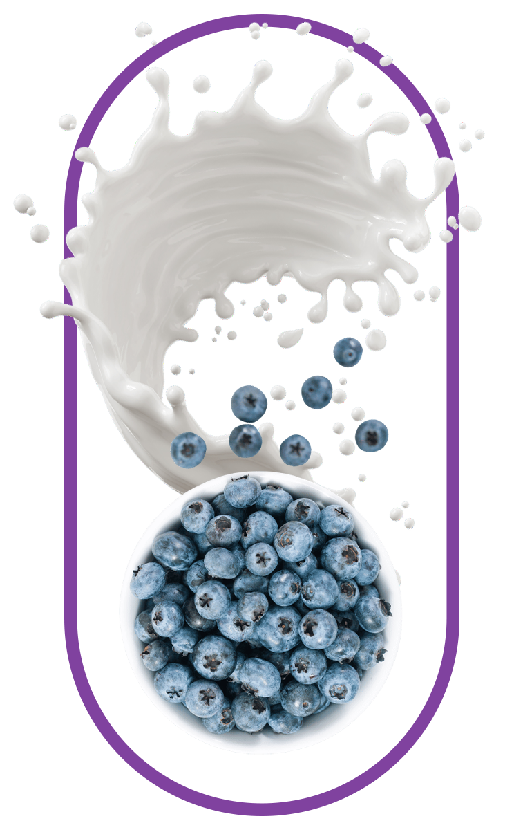Image of fresh bilberries with milk splashing, highlighting their benefits for vision support, antioxidant richness, and promoting circulation, linked to a multivitamin for women.