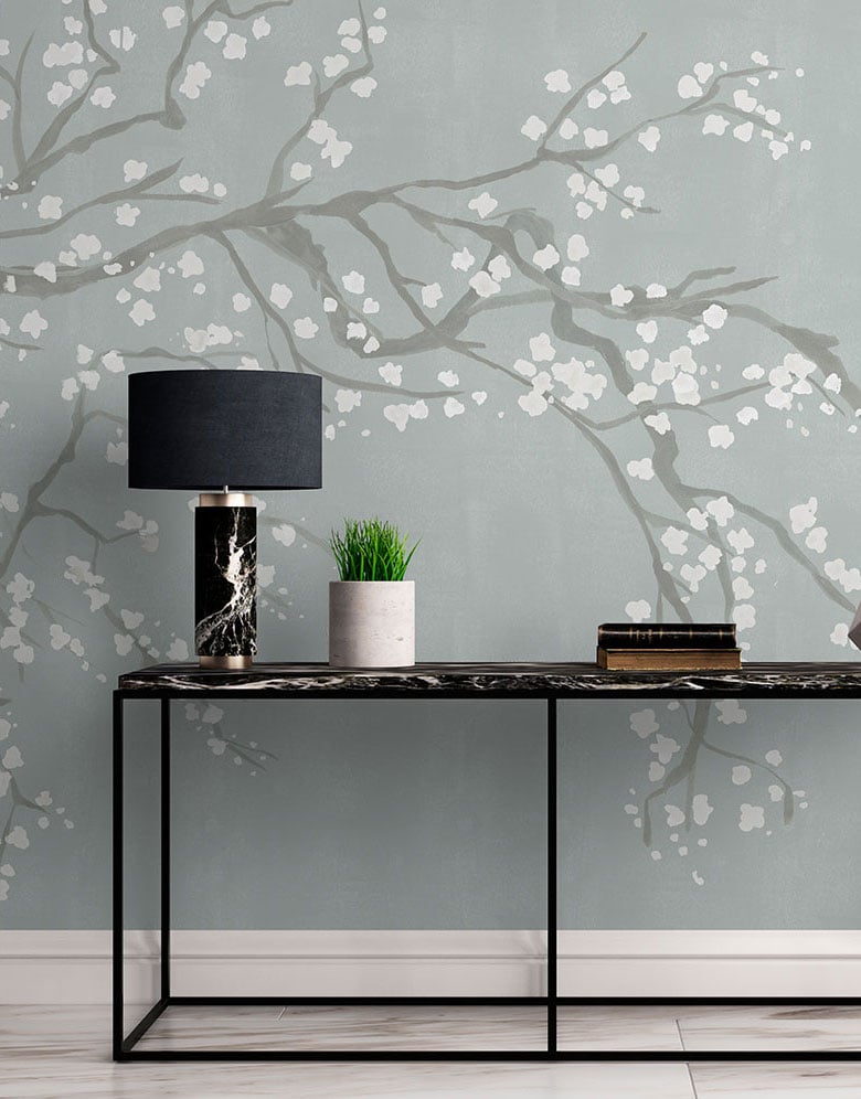 Blue & White Cherry Blossom Wall Mural - Feathr Wallpapers
