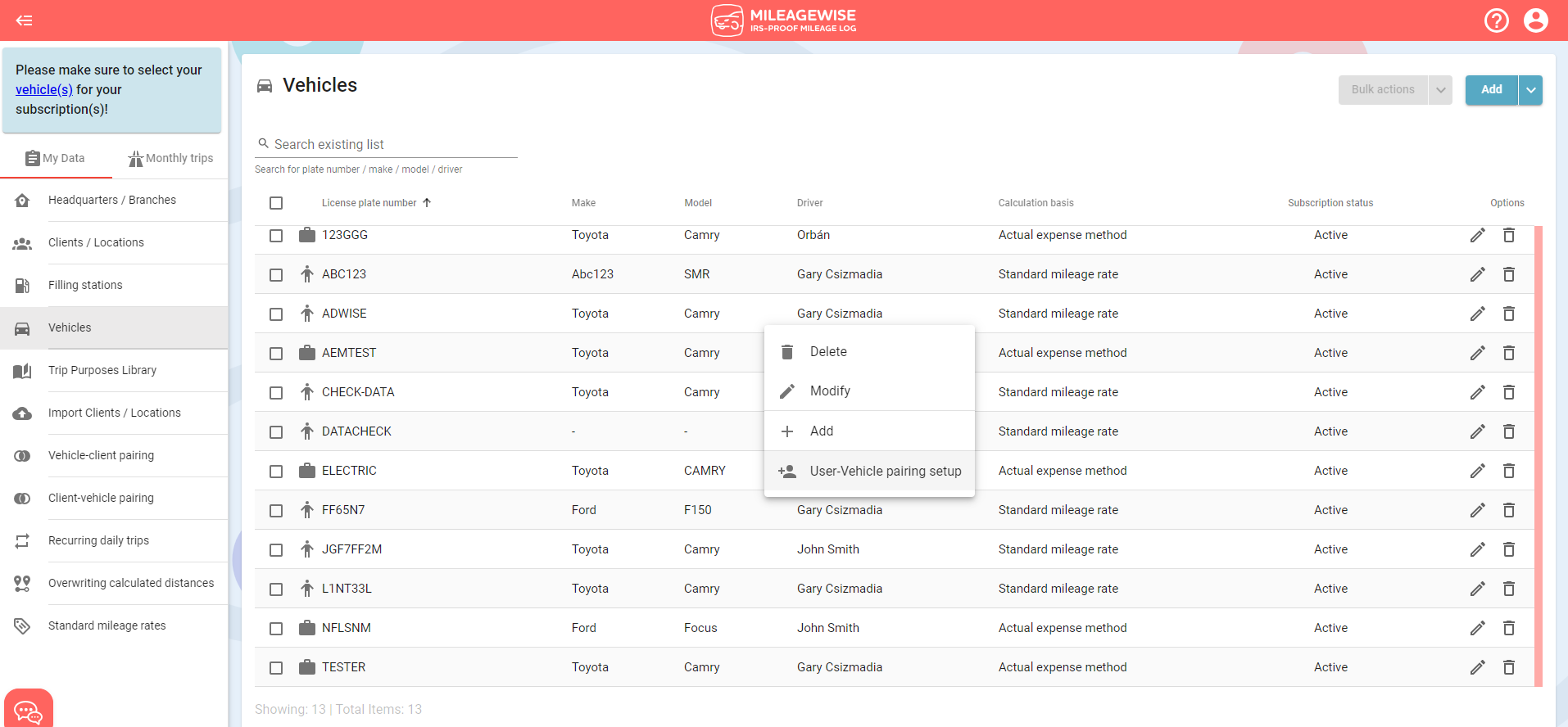 user-vehicle pairing setup
