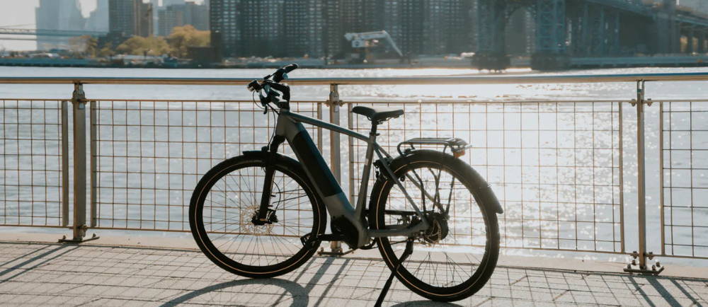 Gazelle electric bike in front of New York City river
