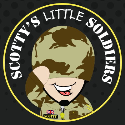 Cartoon soldier in camouflage uniform saluting, with a name tag reading Scotty and a UK flag patch. Text around the image reads Scottys Little Soldiers in bold, white letters on a dark background.