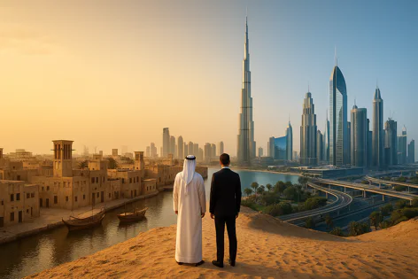 Two men view the Dubai skyline from a dune, featuring traditional buildings by a canal and modern skyscrapers including the Burj Khalifa, bathed in warm light.