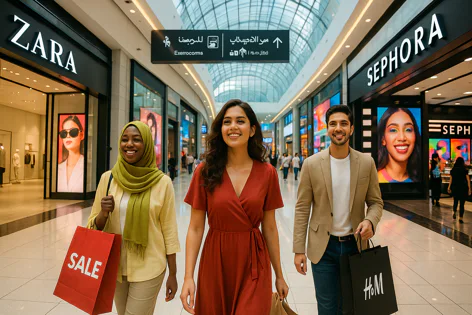 Diverse friends smiling and walking together in a modern shopping mall, carrying shopping bags after shopping at stores like Zara and H&M.