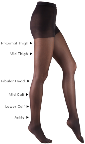 Sheer pantyhose with arrows pointing out Truform's 6 Points of Compression at the ankle, lower calf, mid-calf, fibular head, mid-thigh, and proximal thigh