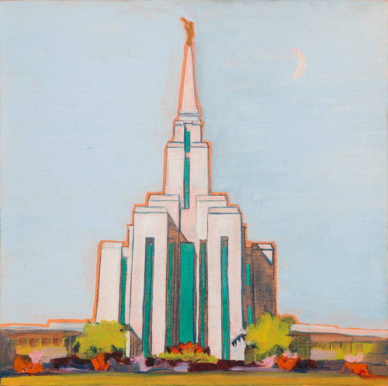 Simple painting of the Oquirrh Mountain Temple outlined in a gold color. 