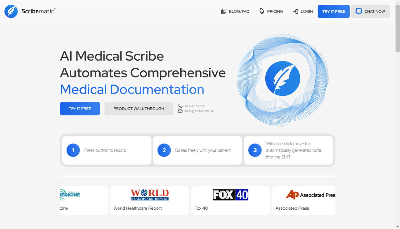 Screenshot of Scribematic's website landing page, an AI scribe