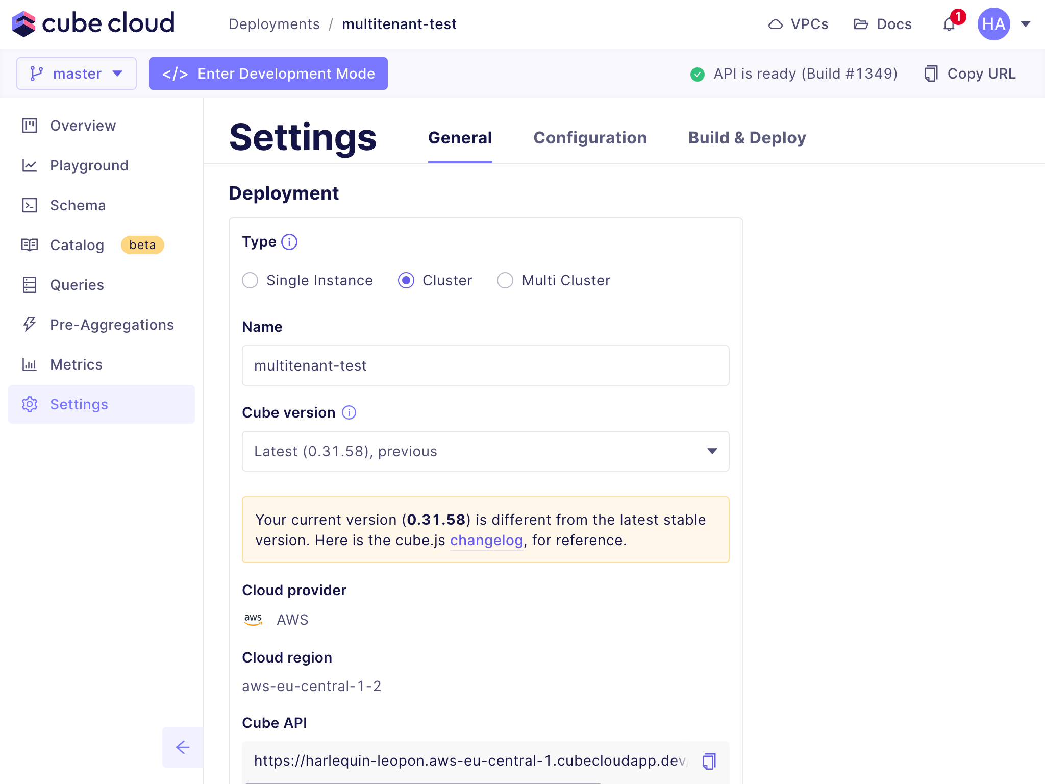 Cube Cloud Deployment Settings page showing Development Instance, Production Cluster, and Production Multi-Cluster options