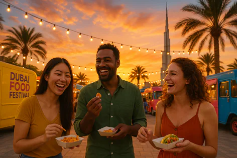 Three friends laugh while eating food outdoors at sunset during the Dubai Food Festival. String lights, palm trees, food trucks, and the Burj Khalifa landmark are behind them.