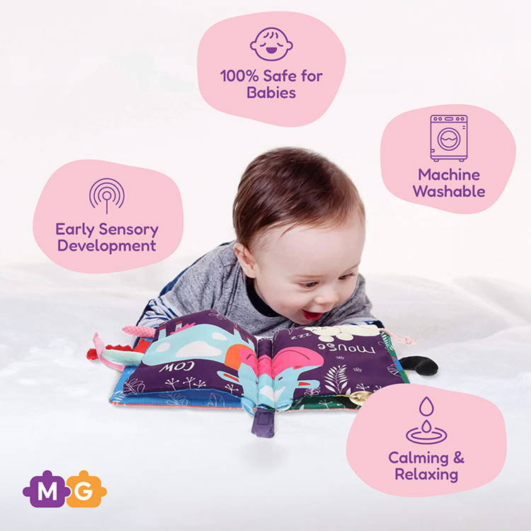 Baby laying on her belly and looking at the Montessori Baby Soft Book, and blobs with text showcasing benefits of the toy.