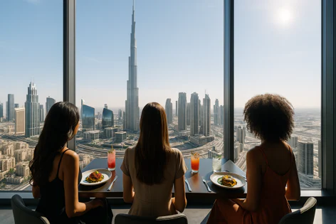 Three women enjoy breakfast with a stunning panoramic view of the Dubai skyline, including the iconic Burj Khalifa, from a high-floor restaurant.