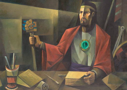 Abstract painting of the prophet Mormon working on his records.