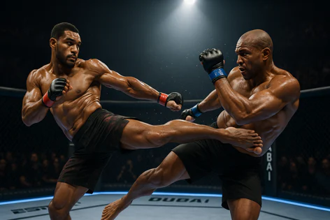 Two muscular MMA fighters compete intensely inside a cage under bright lights. One fighter lands a high kick on his opponent.