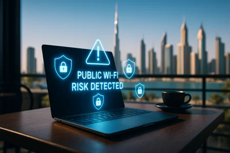 Laptop screen displays a "Public Wi-Fi Risk Detected" warning with cybersecurity icons, set against a blurred Dubai skyline and a coffee cup on a table.
