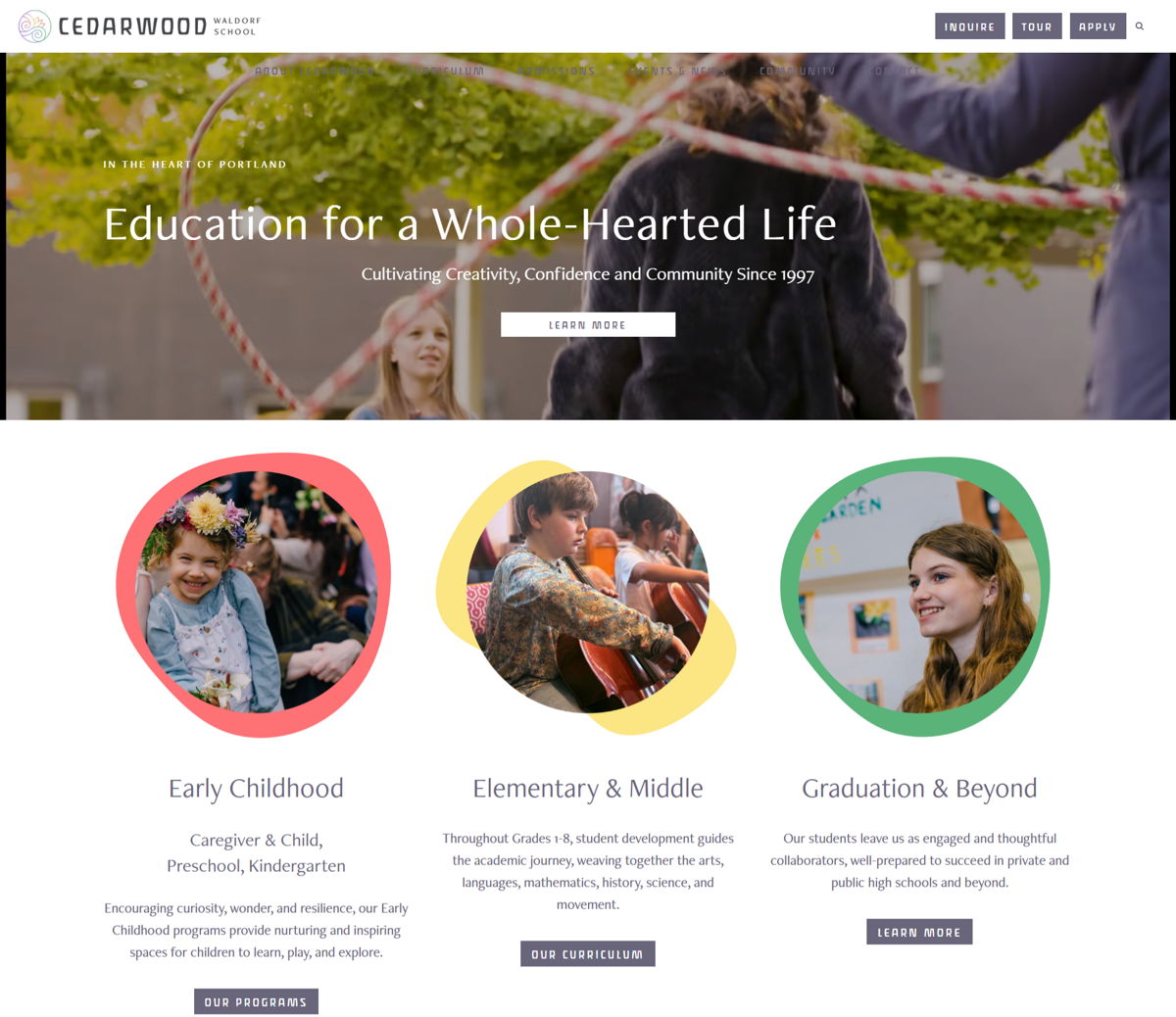 Screenshot of Cedarwood Waldorf School, from the kindergarten websites collection.