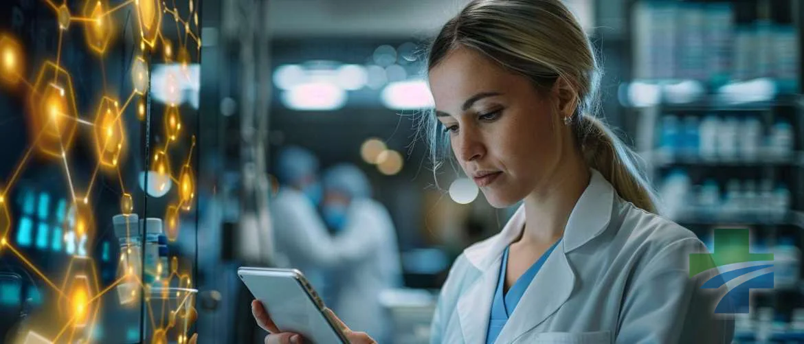 Nurse reviewing secure patient records thanks to blockchain technology