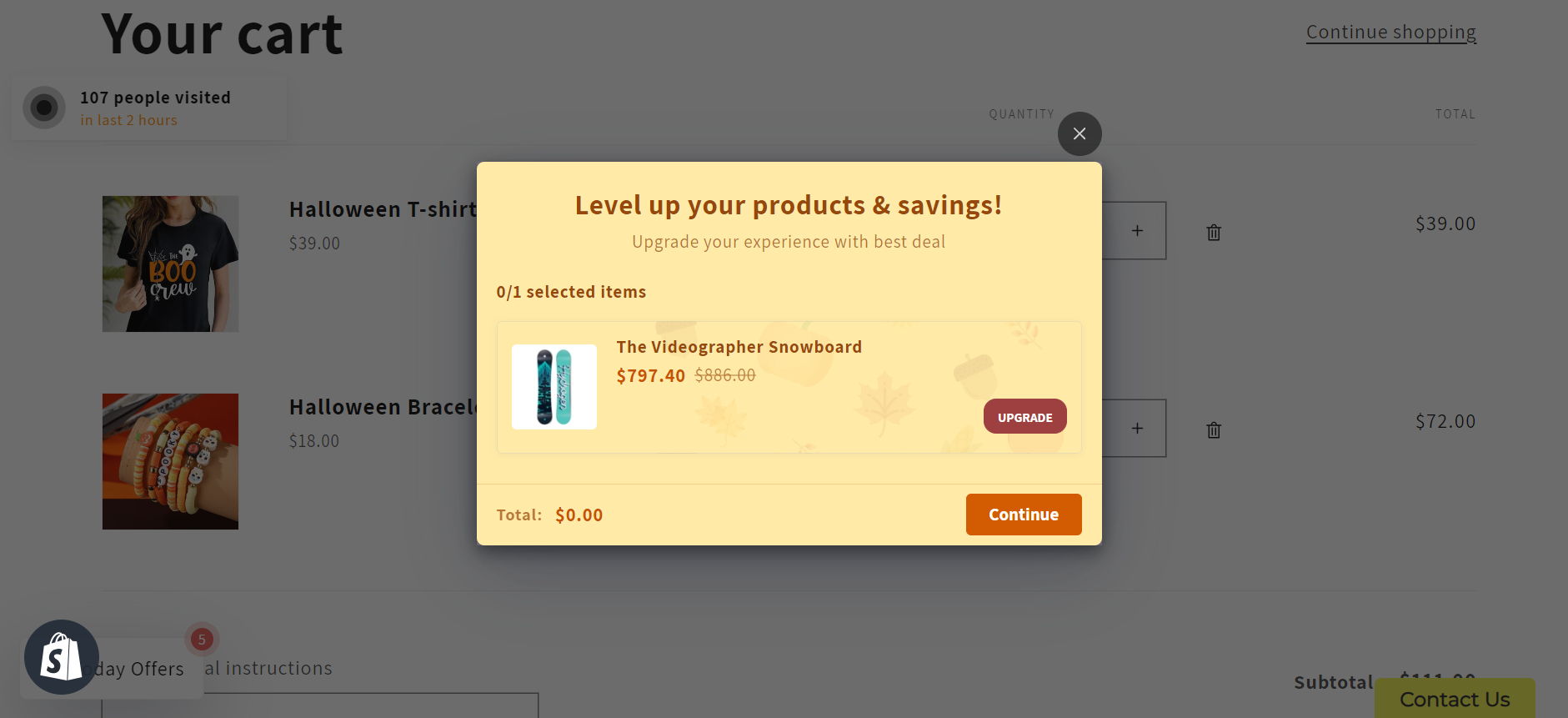 Shopify popup cart upsell in cart page