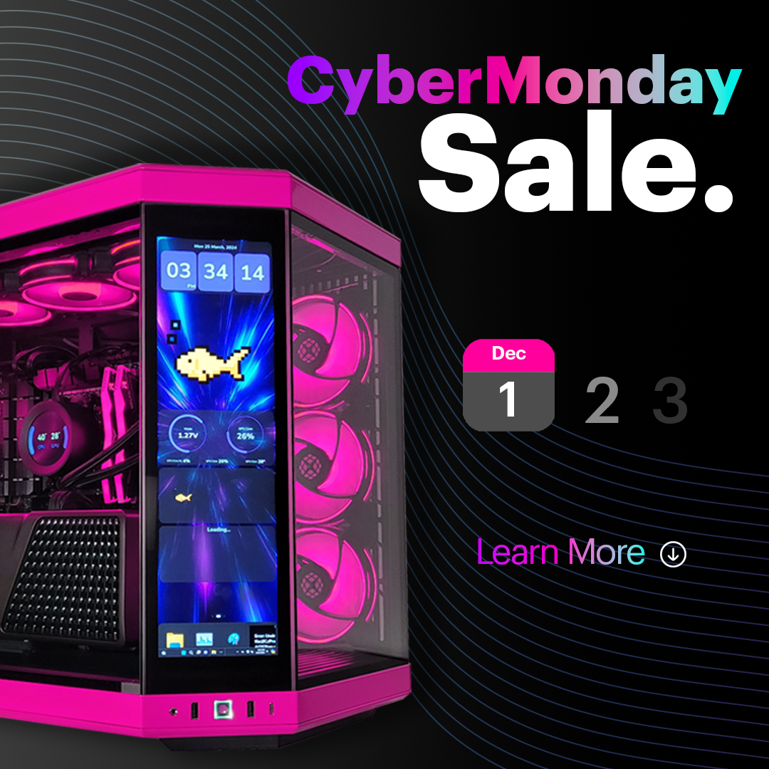 Promotional banner for Cyber Monday Sale featuring a glowing pink Y70 gaming desktop and an ASUS ROG laptop. The sale runs from December 1st to 3rd. Text urges quick action for epic deals.