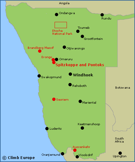 Map of the main rock climbing areas in Namibia