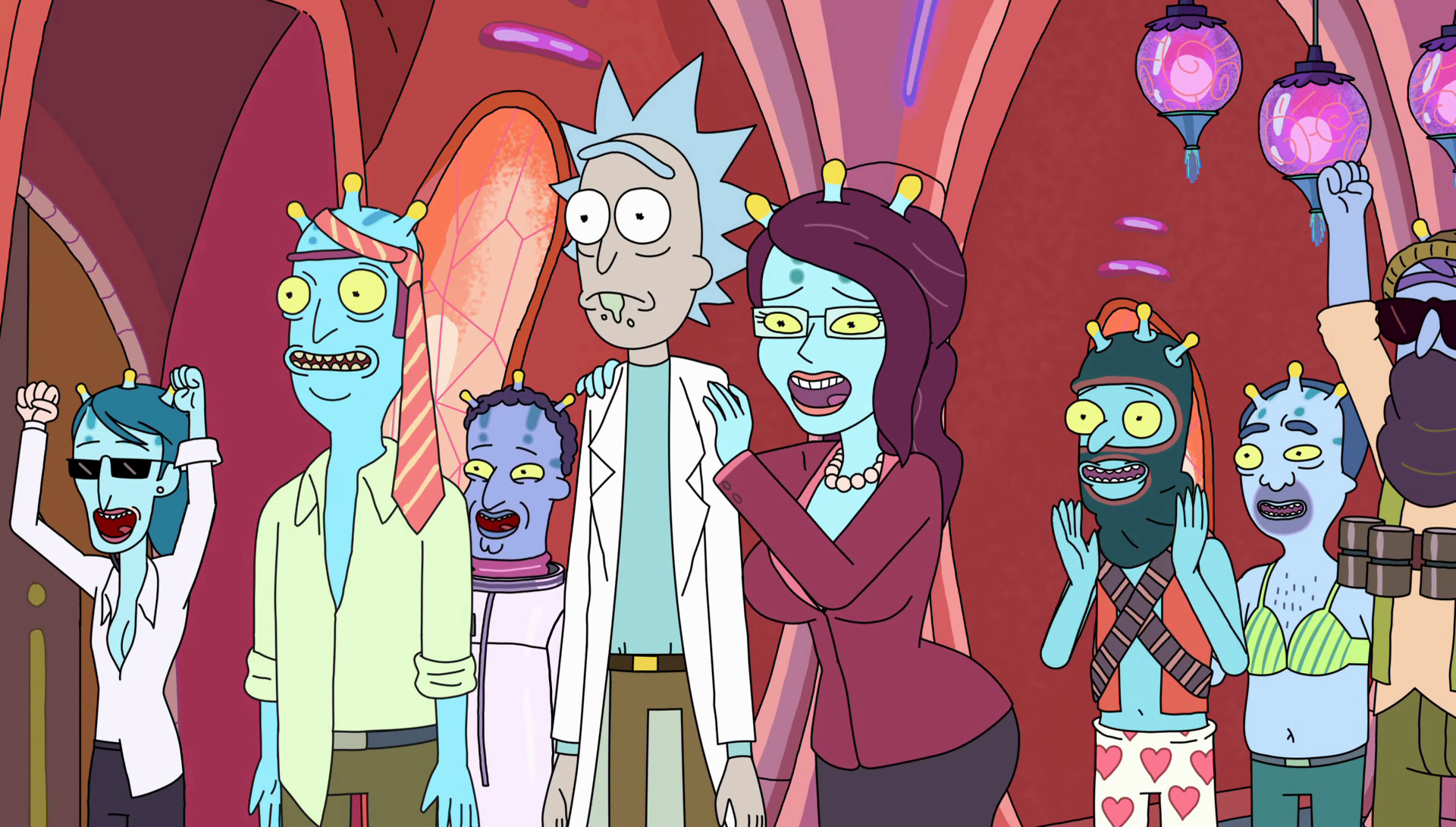 Rick and UNITY and other alien forms cheering for something, Rick is worrie...