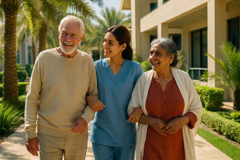 A smiling young caregiver walks arm-in-arm with a happy senior couple on an outdoor path lined with palm trees near a building.