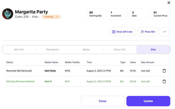 bid history with removed bid