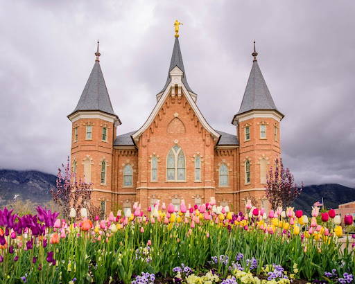 Provo City Center Temple surrounded by colorful tulips.