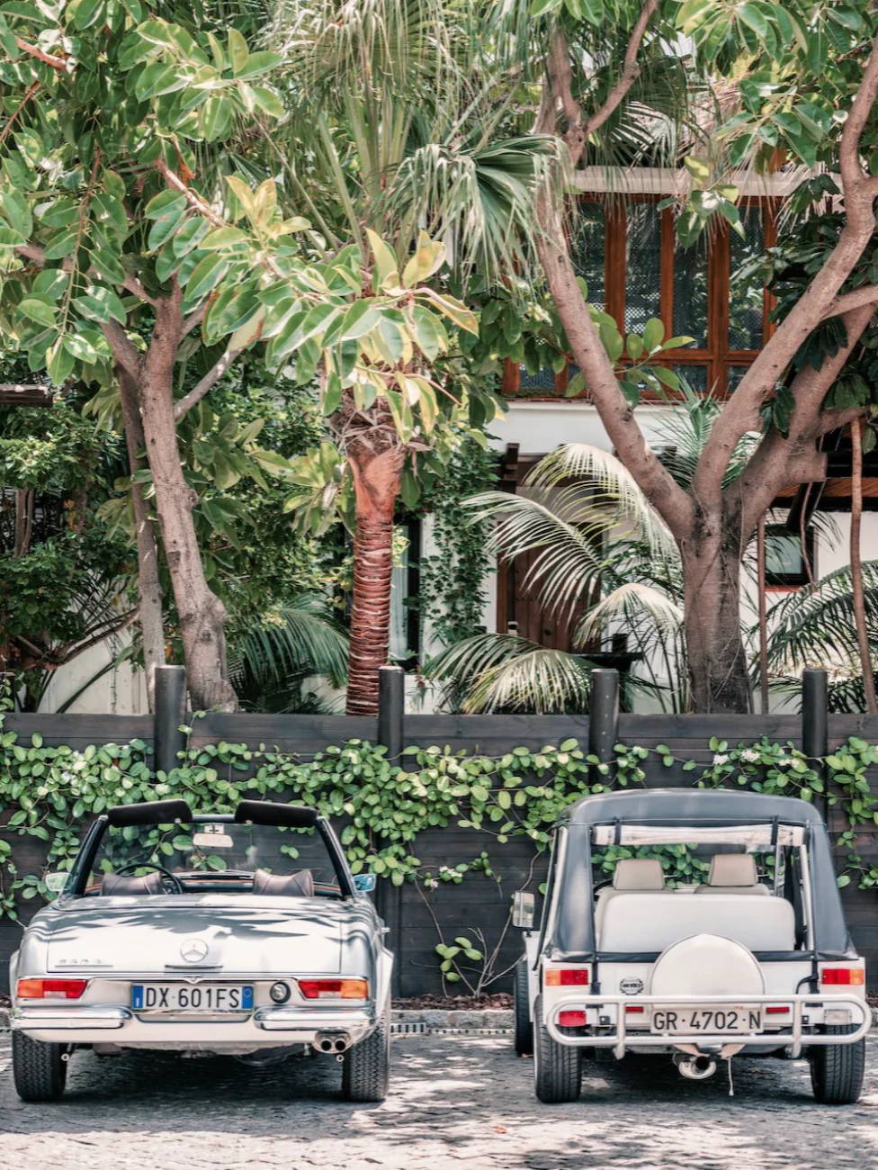 The Merc or the Moke? by Stuart Cantor - A photographic print of two vintage cars parked by a hotel building with palm trees.