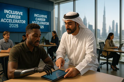 Two men in an office discuss on a tablet. One man has a prosthetic arm, the other is in traditional wear. Screens say 'Inclusive Career Accelerator 2025'.