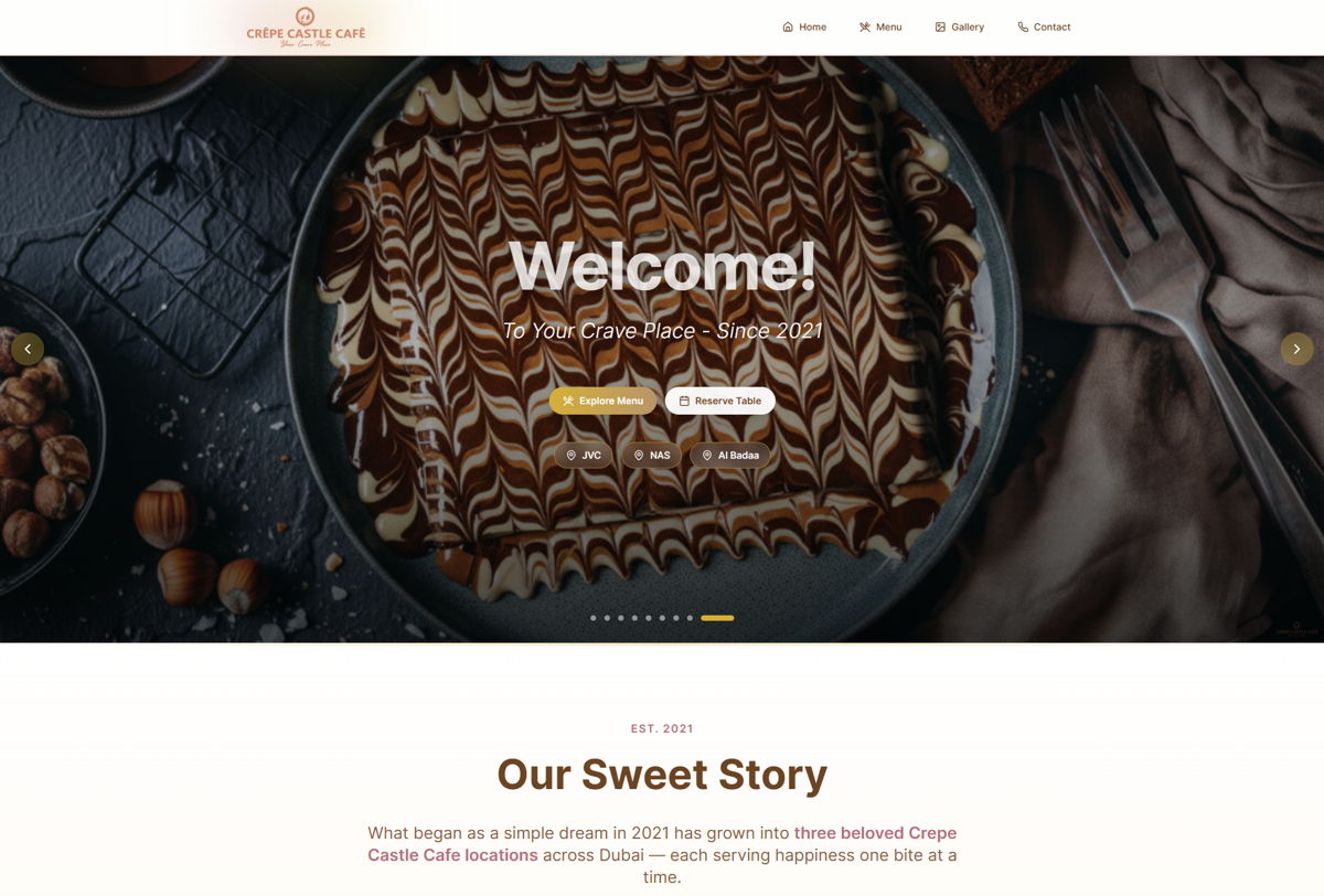 Screenshot of Crepe Castle Cafe, from the base44 websites collection.