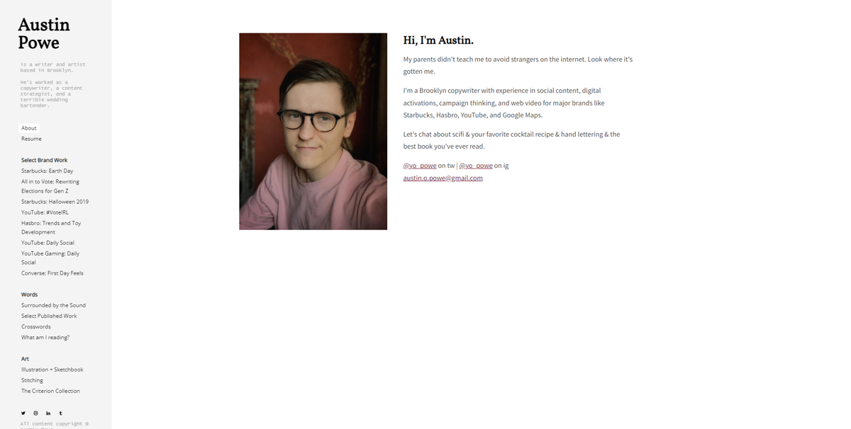 Screenshot of Austin Powe, from the copywriting portfolios collection.