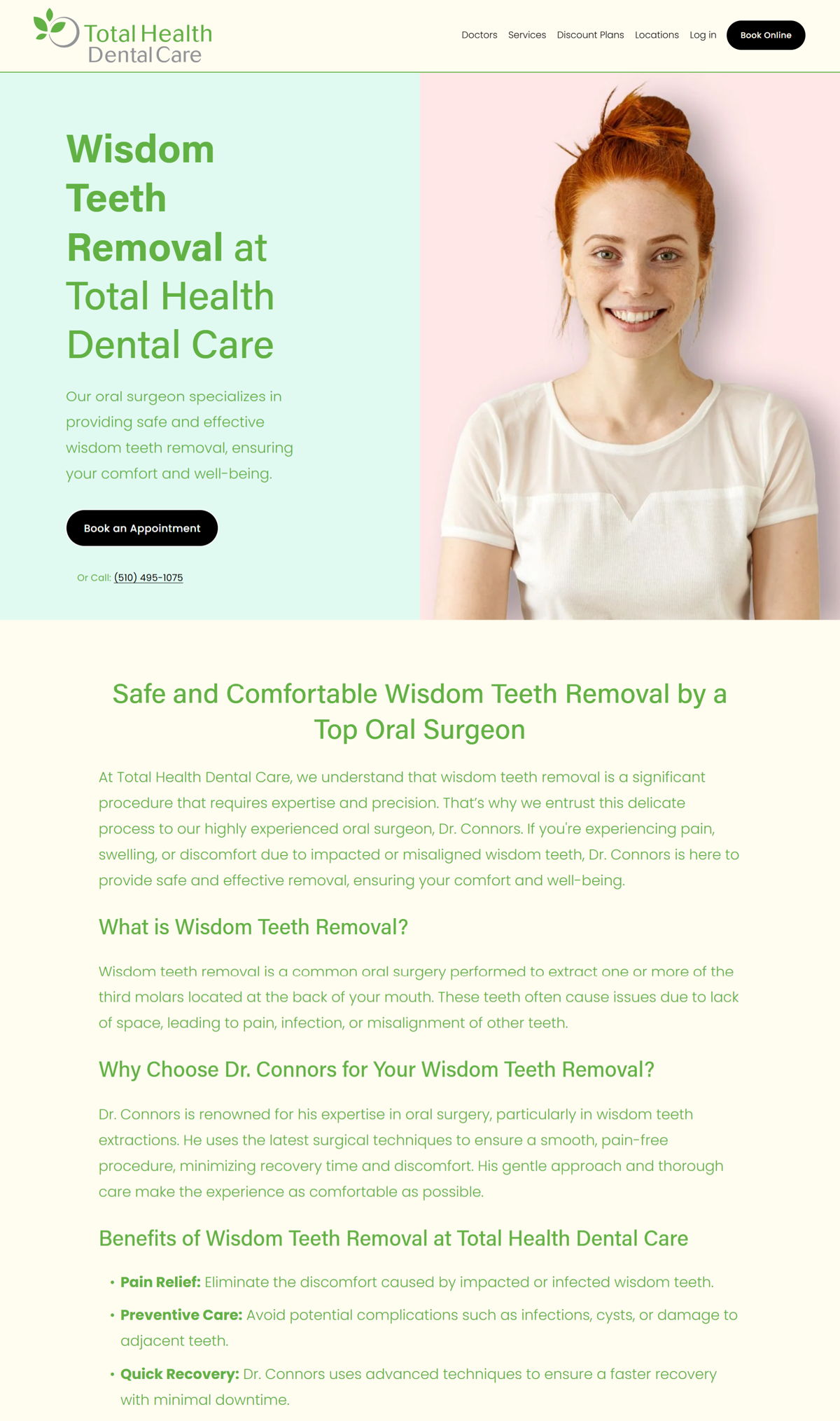 Screenshot of Total Health Dental Care, from the service page design examples collection.
