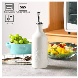 Sweejar Ceramic Olive Oil Dispenser Bottle, 20 Oz Relief Opaque Oil Cruet Protects Oil To Reduce Oxidation, Suitable for Storage Oil, Vinegar, Soy Sauce, Coffee Syrup, Liquids, Set of 1 (White)