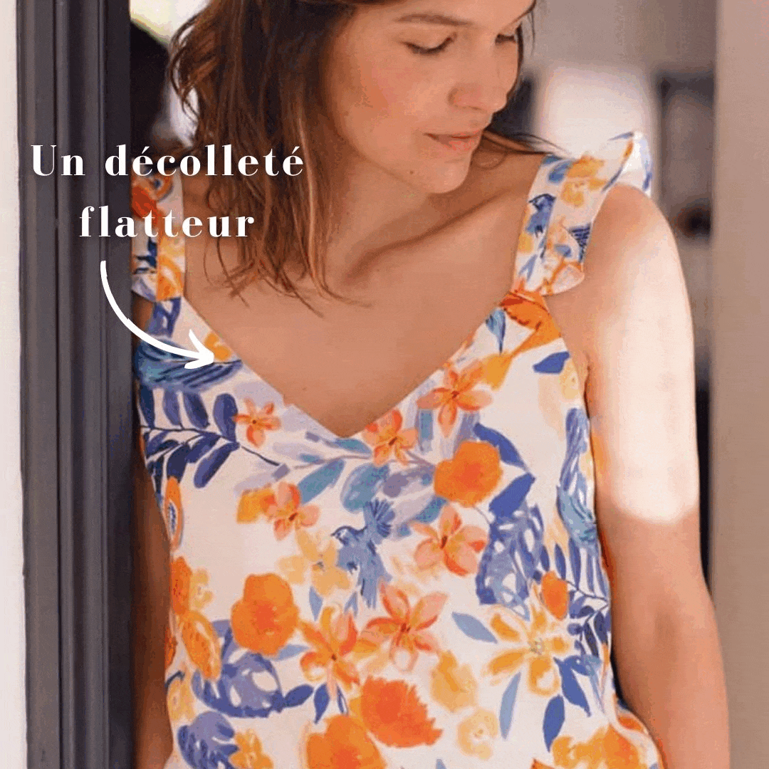 Nêge Paris - Débardeur jour et nuit Évasion Tropicale bleu et orange en tencel lyocell certifié oeko-tex