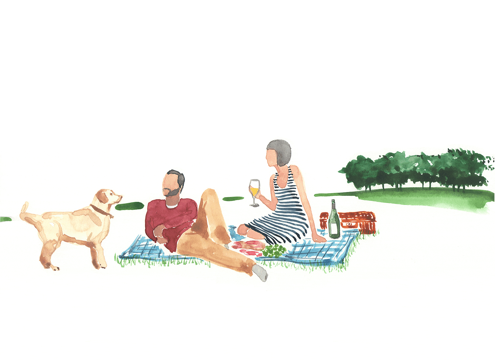 丘の上でくつろぐ人と犬のイラスト