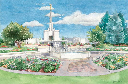 Painting of the Denver Temple in the distance behind a circle of decroative pavement and flowerbeds. 