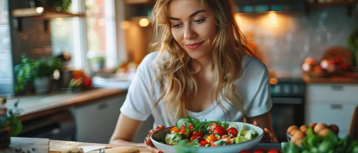 A young woman contemplating her nutritionally balanced meal preparation in her kitchen