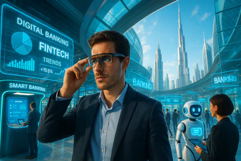 Man with futuristic glasses looks at holographic financial data on digital displays in a modern banking hall with a robot and city view.