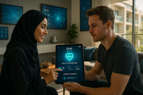 Two people, a woman in a hijab and a man, examining a digital health dashboard on a tablet, featuring a glowing heart icon.