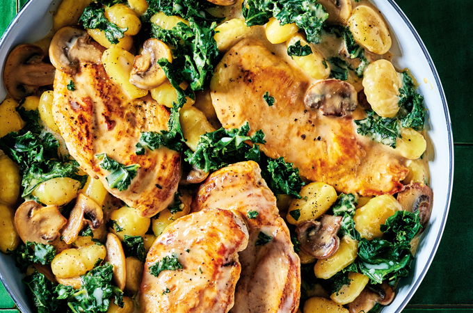 Chicken Cutlets, Gnocchi and Kale with Creamy Mushroom Sauce