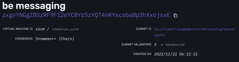 Creation of “be messaging” Blockchain on Subnet 2oxjc7xuWuPTv5cw8dQUvAc4Vv9UFuEwVhPqgTUmfenX1yXYPn