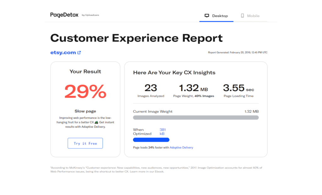 PageDetox tells you how fast your website can be if you use Adaptive Delivery. PageDetox report