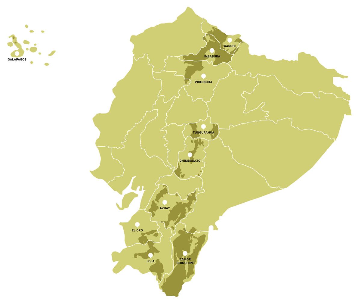 map from ecuador with all coffee producing regions