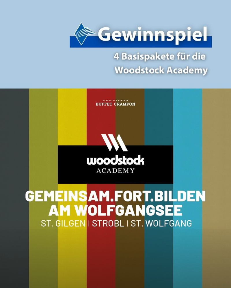 🎺 Gewinnspiel: vier Basispakete für die Woodstock Academy 2026 🎺
 
„Gemeinsam. Fort. Bilden.“ - Ihr habt die Chance, eins von vier Basispaketen für die Woodstock Academy 2026 zu gewinnen! 🎉
 
🗓 23. - 29. Oktober 2026
📍 Wolfgangsee (St. Gilgen | Strob
