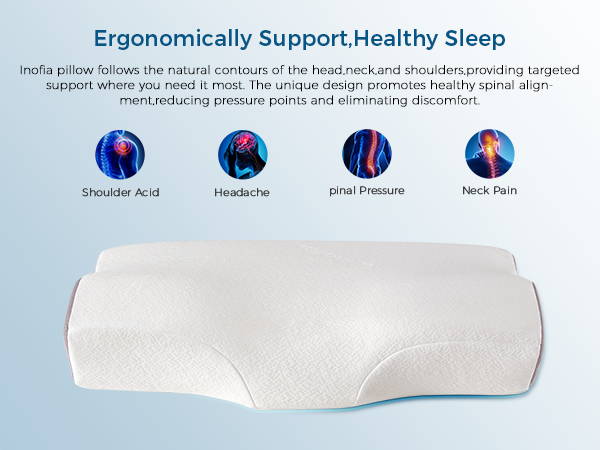 Inofia Cervical Contour Memory Foam Pillow for Neck and Shoulder Pain Relief,Adjustable Height Ergonomic Support for Side,Back,Stomach Sleepers with Washable Cover,53x32x11/6cm