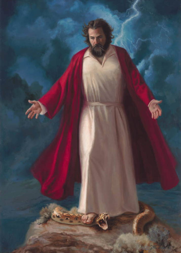 Jesus  standing on the neck of a serpant. A storm rages in the background.